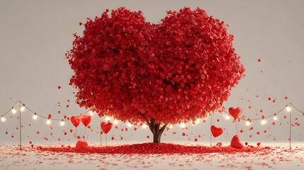 Valentine's day heart tree with red petals and balloons love celebration decor