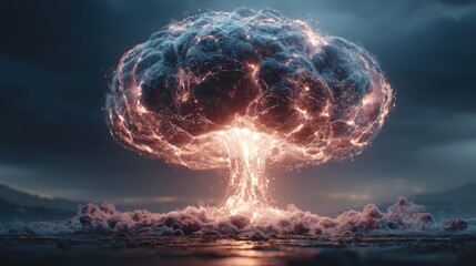 Atomic cloud with luminous core and swirling smoke against a bleak backdrop