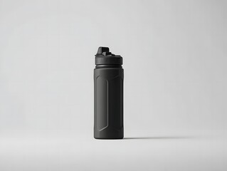Sleek Black Water Bottle for Fitness and Hydration on Clean White Backdrop with Modern Design Accents