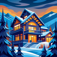 A house with a porch and a balcony is lit up at night. The house is surrounded by trees and mountains