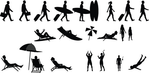 Beach vacation silhouettes, surfing, sunbathing, walking travelers, beach chairs, umbrellas, diving, tropical leisure, summer people, travel lifestyle