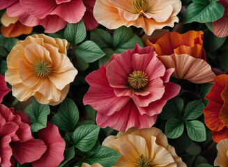 a vibrant flower garden with a variety of colorful flowers, including shades of pink, orange, and yellow, surrounded by green leaves.