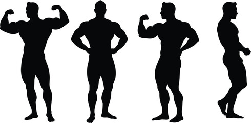 Bodybuilder silhouettes, flexing male body, fitness posing, muscular figure, gym model, workout shape, strong man stance, athletic icon