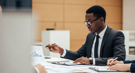 African american man in suit points at graph during a business meeting with colleagues at a table