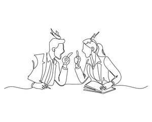 Continuous line drawing of a man and woman angrily arguing across a desk with documents. Concept of workplace disagreement, conflict between colleagues, and heated professional discussion