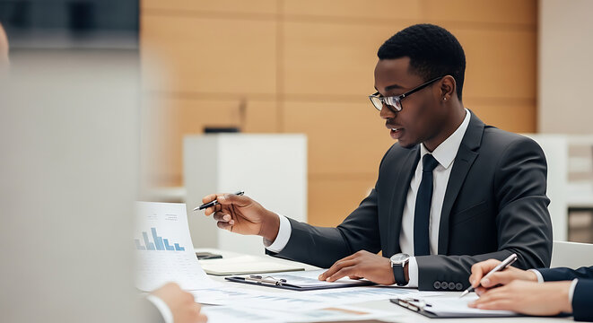 African american man in suit points at graph during a business meeting with colleagues at a table