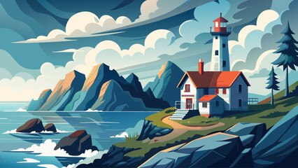 A lighthouse is on a rocky shore near a body of water. The sky is cloudy and the water is choppy