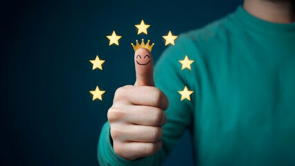 Thumbs up for excellent service, featuring a drawn face on a finger with a crown and surrounded by stars, conveying approval and success on a deep blue background.