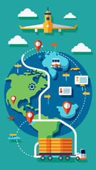 A blue background with a map of the world and various airplanes, ships, and trucks. Concept of global transportation and the interconnectedness of different countries and regions