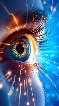 Close-up of human eye emitting electrical energy with detailed light-infused iris patterns