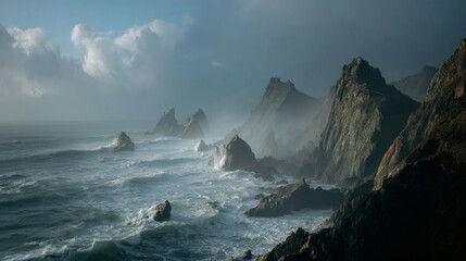 A dramatic coastal scene with crashing waves against rugged cliffs under a moody sky.