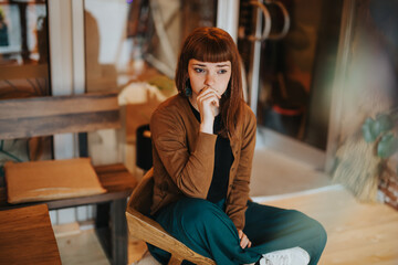 A thoughtful woman in casual attire sits indoors, looking contemplative. Her expression suggests...