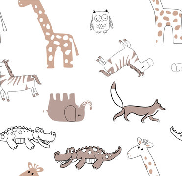 illustration vector cute animals seamless pattern for kids, abstract giraffe and elephant vector design with funny zebra and fantasy fox texture wallpaper childish 