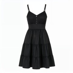 Elegant black sun dress with adjustable straps for summer fashion on white background