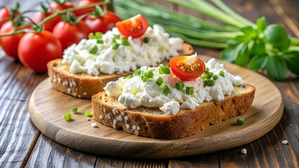 Two slices of toast with cottage cheese and tomato
