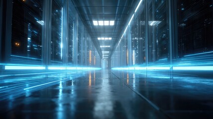 Futuristic server room corridor with glowing blue data streams