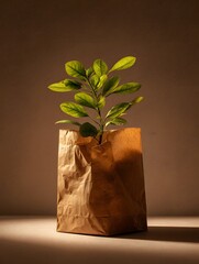 Plant in paper bag still life green leaves indoor gardening home decor nature