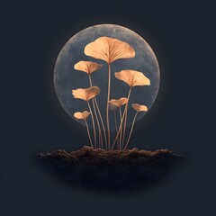Ethereal Glow Enchanting Lotus Plants Emerging from Dreamy Mound Against Subtle Circular Backdrop Surreal Nature Art