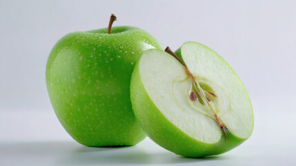 A fresh green apple, whole and cut, against a clean white backdrop.