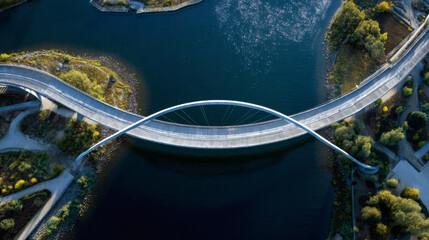 The elegant white bridge gracefully arches over the dark blue waters of the lake, an impressive display.