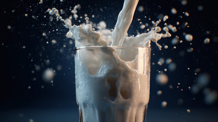 Milk pouring into a glass, creating a beautiful splash effect with white liquid.