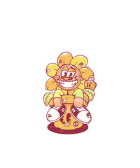 Illustration of a cartoon character of a sunflower sitting on a pot and wearing sun block, suitable for branding t-shirts, stickers, etc. Only CHARACTER