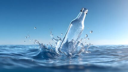Clear glass bottle falling into water ocean sea with splash blue sky background
