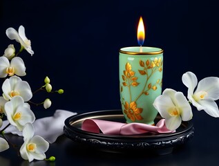 Illuminated Serenity: Ornate Candle and Delicate Orchids