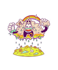 Illustration of a crying cloud cartoon character with flowers blooming underneath, suitable for screen printing on t-shirts, stickers, etc. Only character