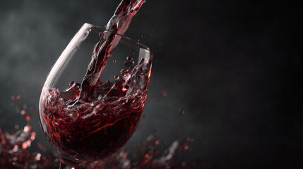 Red wine pours gracefully into a glass, creating a splash against a dark backdrop.