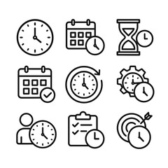 Time management office icons. Outline symbols. Line design