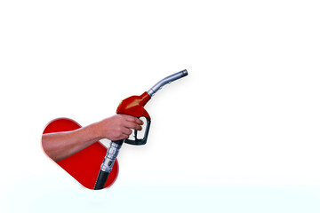 Naklejka premium Man holds a refueling gun in his hand for refueling cars isolated on white background. Gas station with diesel and gasoline fuel close-up.