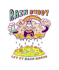 Illustration of a crying cloud cartoon character with flowers blooming underneath, suitable for screen printing on t-shirts, stickers, etc.