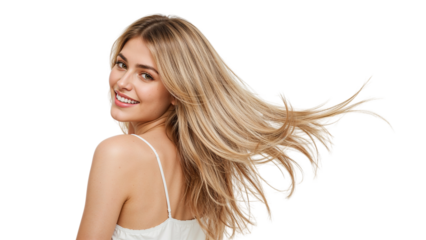 A beautiful blonde woman smiles over her shoulder as her hair cascades in motion against isolated