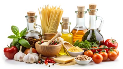 Italian food ingredients with pasta and olive oil