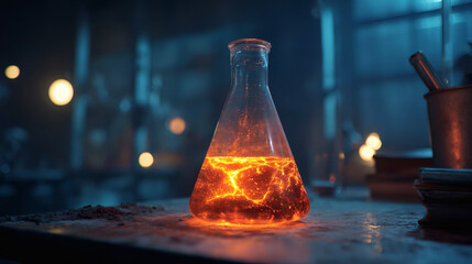 Glowing liquid in a laboratory flask creates a striking, mysterious scene.