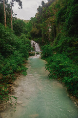 Close Scenic Wide View of Kawasan Falls Jungle Waterfall and Turquoise River in Cebu, Philippines