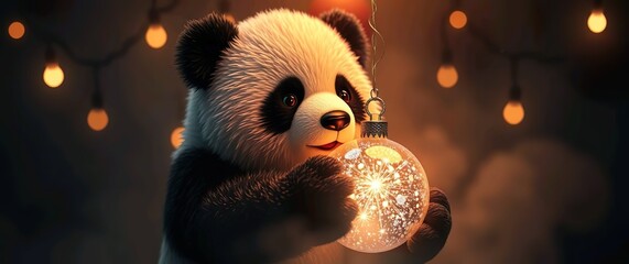 3D Panda Holding Glowing Christmas Ornament in Magical Scene