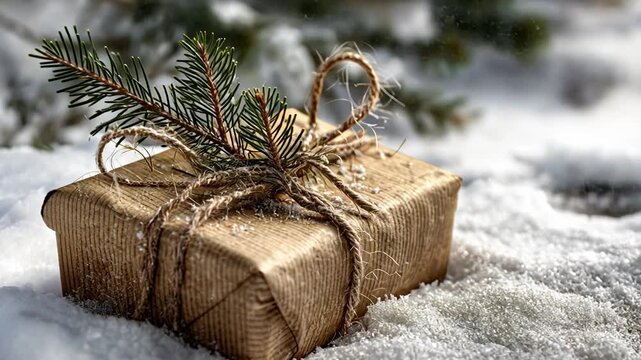 Winter Gift of Gratitude: A meticulously wrapped holiday present, adorned with natural twine and a sprig of evergreen, sits nestled in a serene snowy landscape.