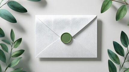 White envelope with green wax seal and eucalyptus leaves mockup stationery