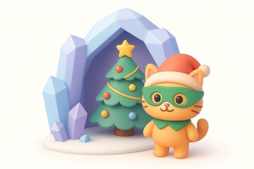 Cute Cat with Christmas Tree with crystal cave Background