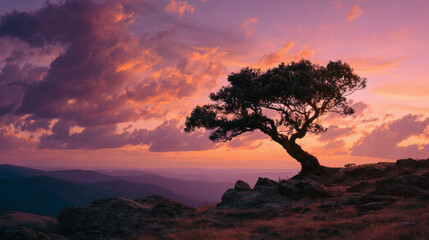 The setting sun casts a warm glow over a lone tree atop a mountain.