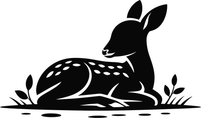 Black silhouette of a spotted fawn resting deer lying down