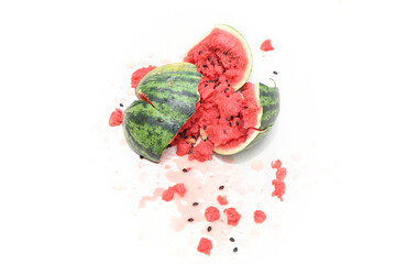 Close-up of a broken watermelon isolated on a white background.
