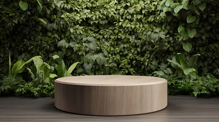 Product display wood podium stand with green plant wall background nature theme