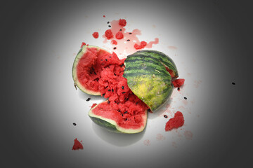 Close-up of a broken watermelon isolated on a dark background.