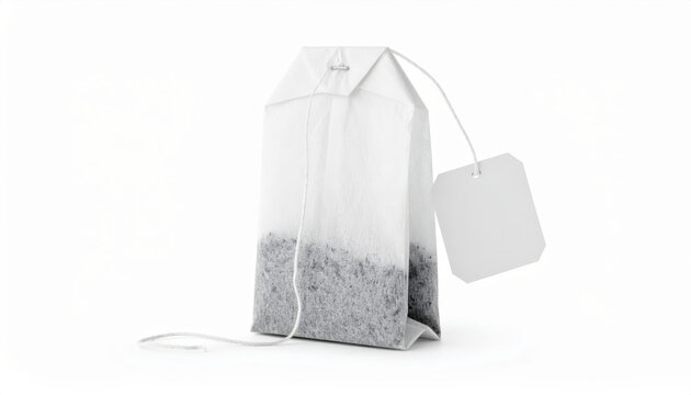 Isolated tea bag with string and blank label on a clean white background
