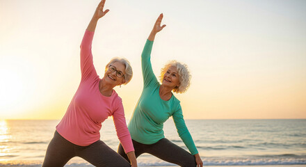Elderly women doing yoga together on the beach at sunset with joy