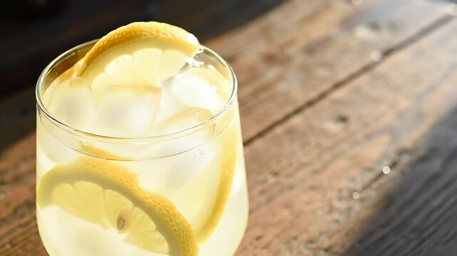 Refreshing citrus lemonade in glass with ice on wooden background