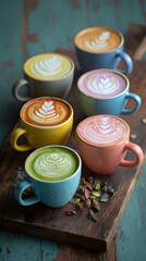 Pastel Latte Flight on Rustic Wooden Board